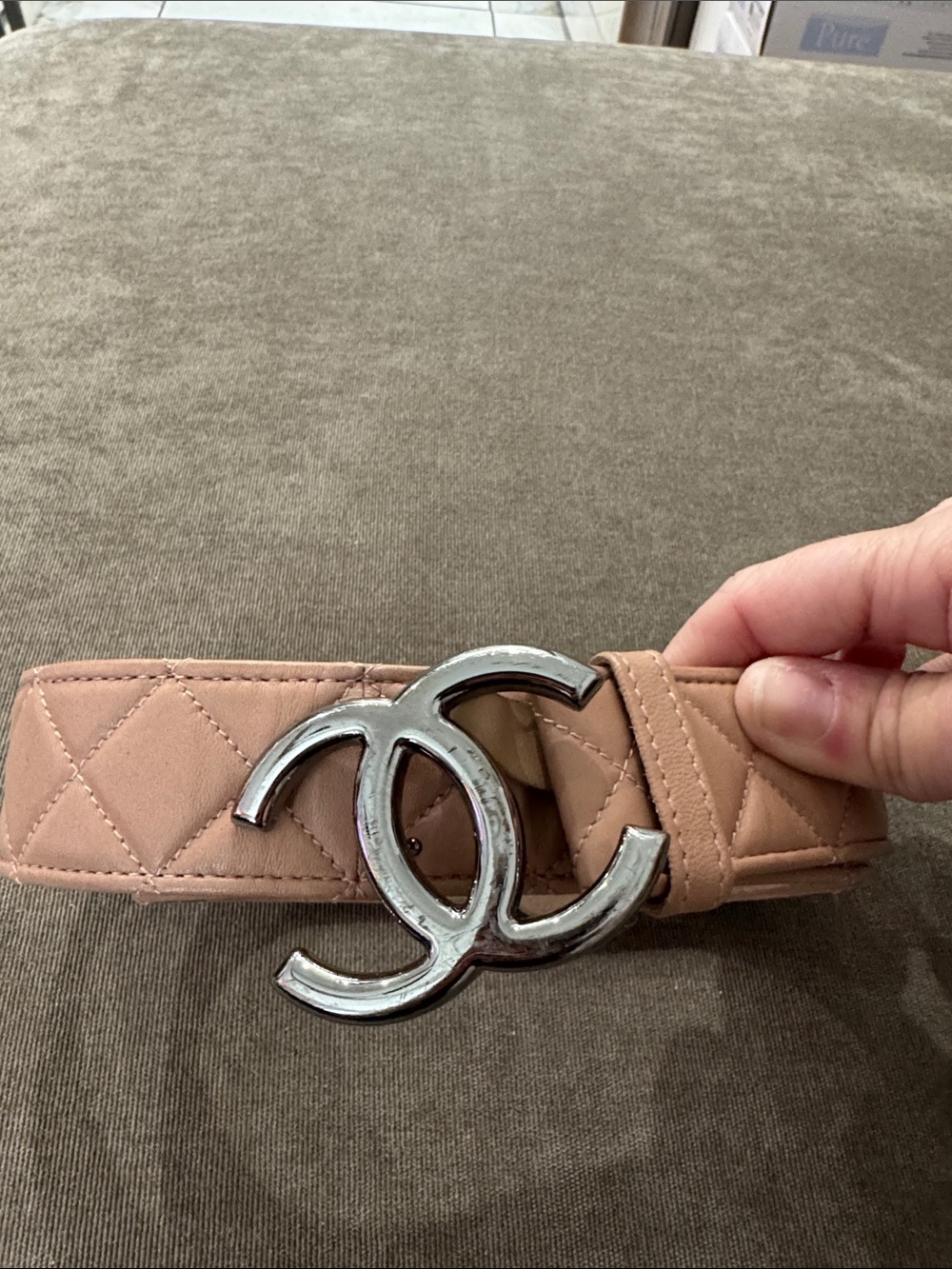 CHANEL Beige Quilted Leather Belt with Silver CC Buckle